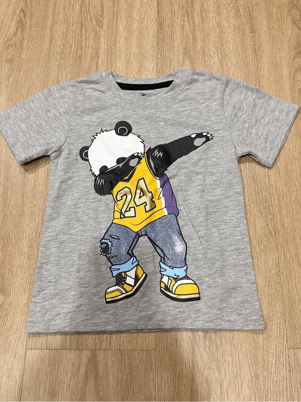 Kids Gray Graphic Panda Basketball T‑Shirt